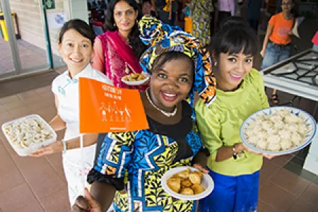 CDU students celebrate Harmony Day. From left: Tian Jing Zeng, Renu Bala Bishnoi, Prudence Nsimire, Southiphone Phimphakdy